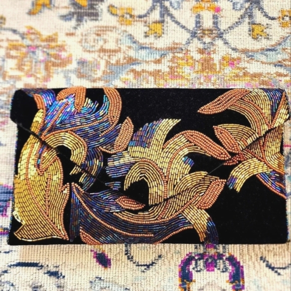 Ricki Designs Black Velvet Beaded Floral Design Snap Front Purse Crossbody - Picture 1 of 16